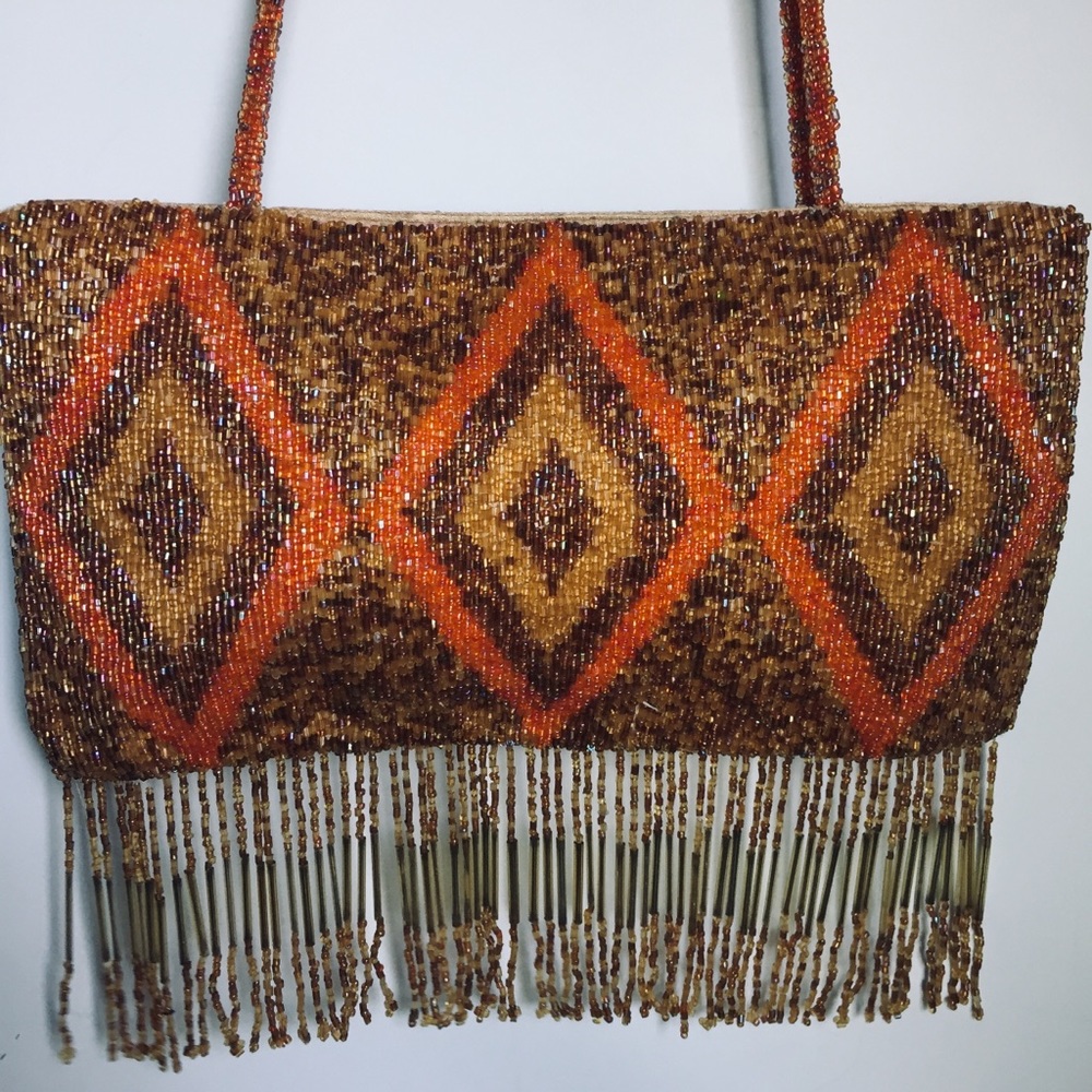 Moyna orange fringe glass beaded handbag
